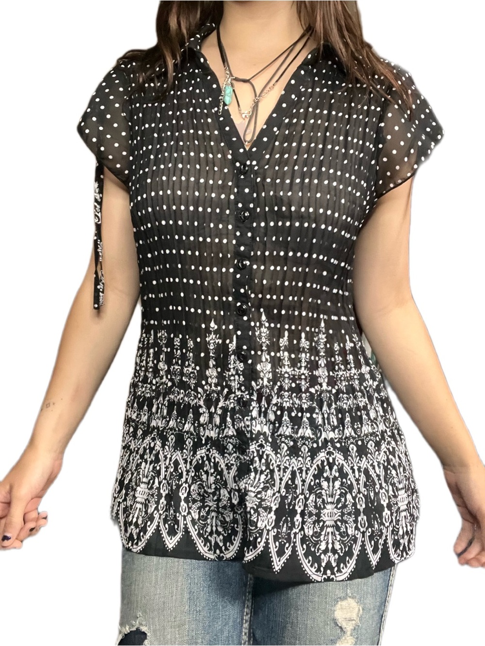 Reitmans Black & White Mixed Print Sheer Blouse – Size XL, Fits S-L – Like New